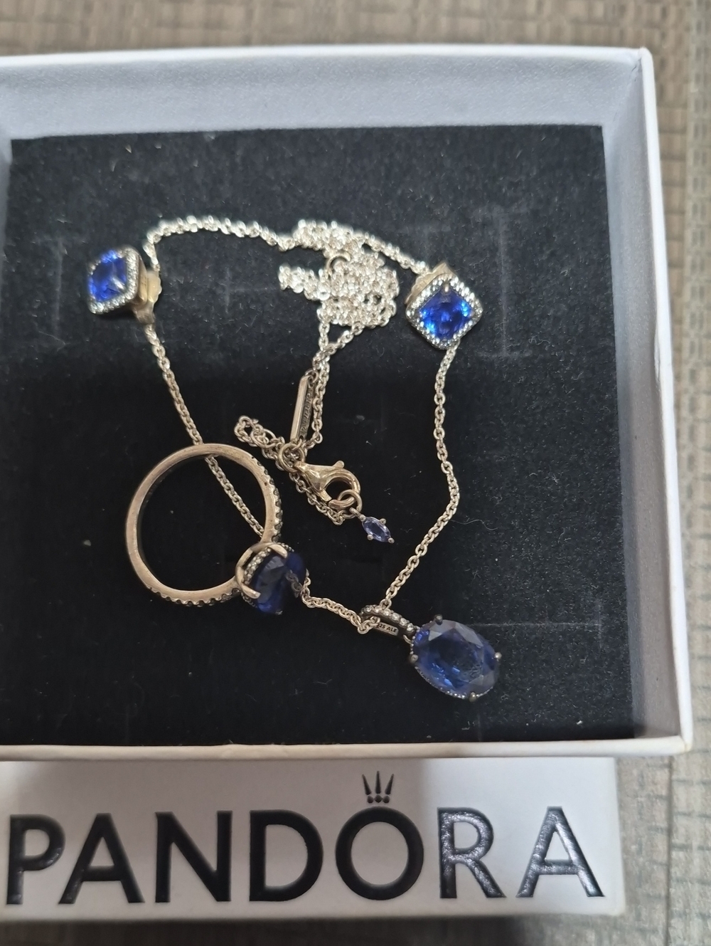 Pandora Sapphire Blue Ring Size 7 And Square Stud Earrings